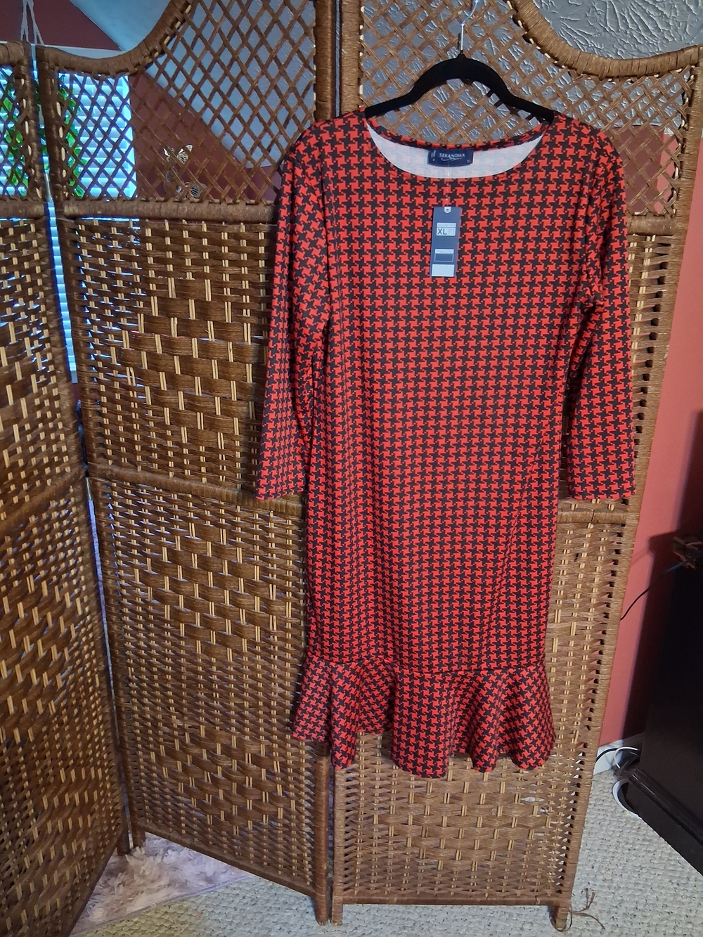 Red and Black Houndstooth Ruffle Hem Dress